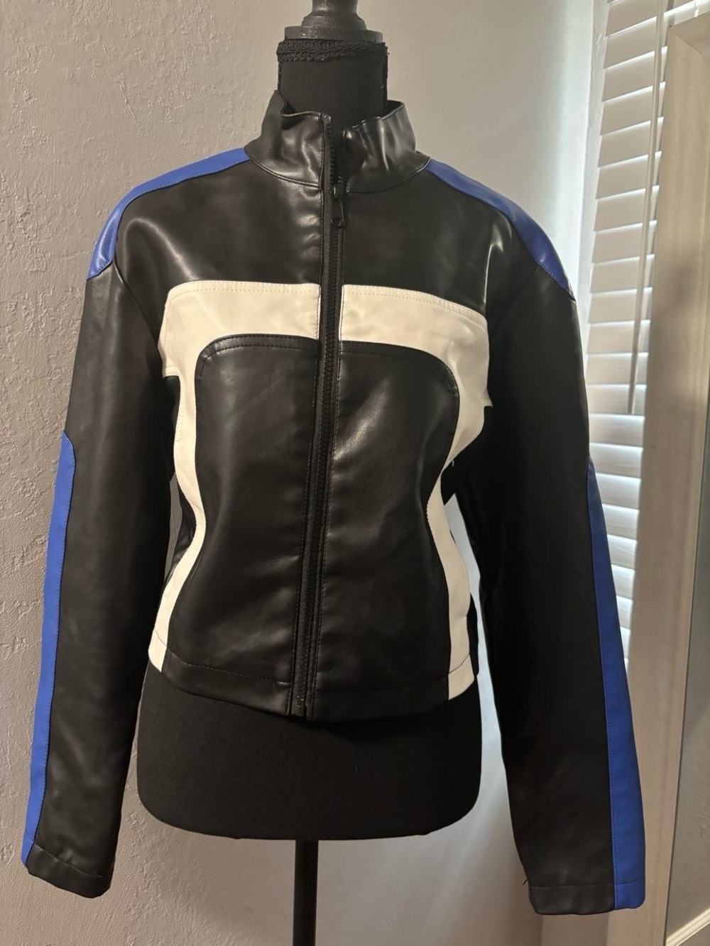 New Look Black, White & Blue Faux Leather Racing Jacket